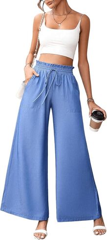 MakeMeChic Women's Casual Paperbag High Waist Tie Front Wide Leg Pants Relaxed Fit Palazzo Pants in Saudi Arabia
