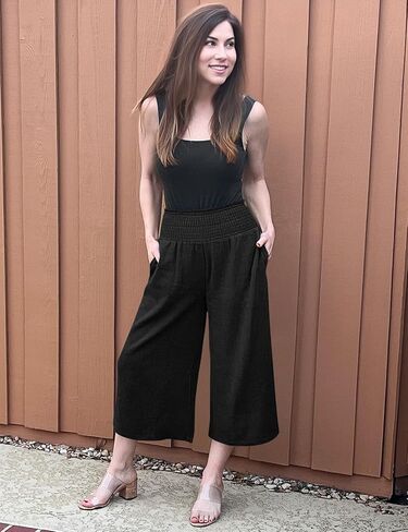 TARSE Womens Linen Palazzo Pants Boho High Waisted Wide Leg Casual Lounge Pant Trousers with Pockets- 19"/28" Inseam in Kuwait