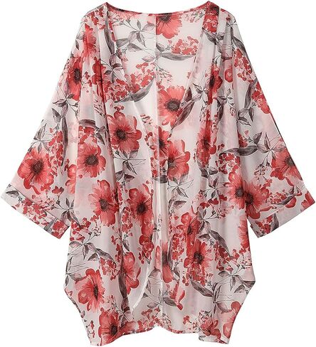 olrain Women Casual Lightweight Floral Printed Open Front Kimono Soft 3/4 Sleeve Cardigan in Saudi Arabia