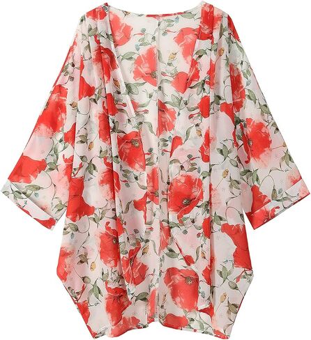 olrain Women Casual Lightweight Floral Printed Open Front Kimono Soft 3/4 Sleeve Cardigan in Saudi Arabia