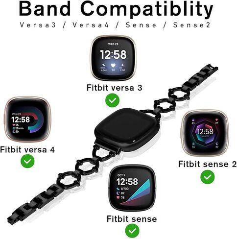 Slim Bands Compatible for Fitibt Versa 4/Fitibt Versa 3/Fitibt Snese 2/Fitibt Sense, Cute Stylish Adjustable Replacement Bracelet, Jewelry Metal Strap for Women Black in Saudi Arabia