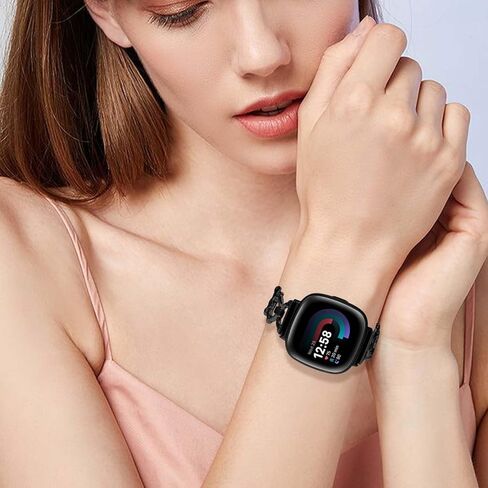 Slim Bands Compatible for Fitibt Versa 4/Fitibt Versa 3/Fitibt Snese 2/Fitibt Sense, Cute Stylish Adjustable Replacement Bracelet, Jewelry Metal Strap for Women Black in Saudi Arabia