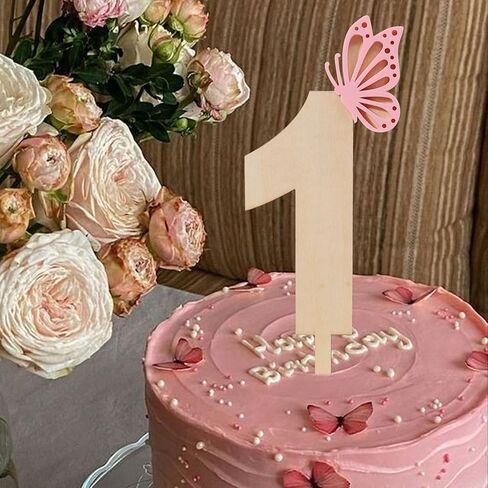 قطعة علوية للكيك على شكل فراشة - فراشة وردية من الأكريليك وخشبية لتزيين الكيك، زهرة برية، ديكور خرافي لعيد الميلاد الأول، ديكور فراشة لعيد الميلاد الأول (فراشة واحدة عليها) in Kuwait