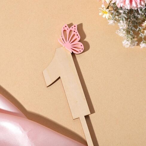 قطعة علوية للكيك على شكل فراشة - فراشة وردية من الأكريليك وخشبية لتزيين الكيك، زهرة برية، ديكور خرافي لعيد الميلاد الأول، ديكور فراشة لعيد الميلاد الأول (فراشة واحدة عليها) in Kuwait