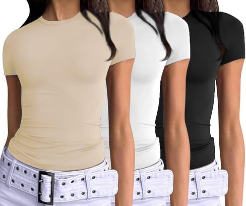 مجموعة من 3 قمصان نسائية قصيرة الأكمام أساسية بقصة ضيقة قطع علوية قصيرة للخروج 2024 لربيع وصيف ملابس ضيقة Y2k in Kuwait