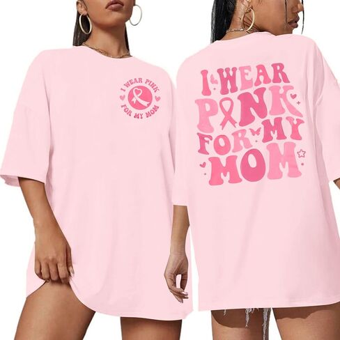 FASHGL I Wear Pink for My Mom T-Shirt Women Breast Cancer Awareness Shirts Pink Ribbon Letter Tee Cancer Fighter Tops in Kuwait