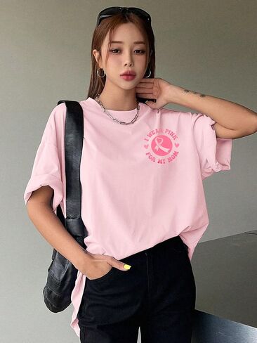 FASHGL I Wear Pink for My Mom T-Shirt Women Breast Cancer Awareness Shirts Pink Ribbon Letter Tee Cancer Fighter Tops in Kuwait