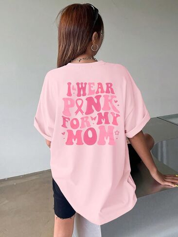 FASHGL I Wear Pink for My Mom T-Shirt Women Breast Cancer Awareness Shirts Pink Ribbon Letter Tee Cancer Fighter Tops in Kuwait