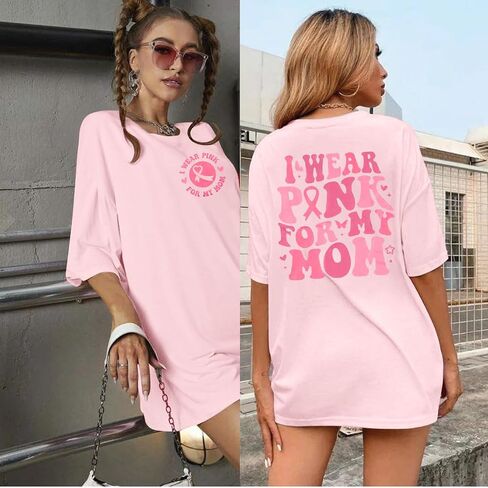 FASHGL I Wear Pink for My Mom T-Shirt Women Breast Cancer Awareness Shirts Pink Ribbon Letter Tee Cancer Fighter Tops in Kuwait