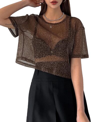 Floerns Women'S See Through Glitter Sheer Mesh Short Sleeve Crop Tee Shirt in Saudi Arabia