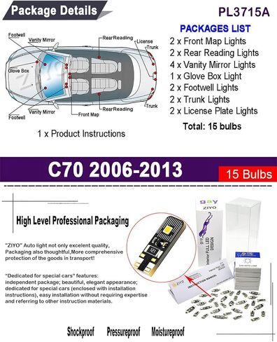 PL3715A - (15 Bulbs) LED Interior Light Kit Replacement for Volvo C70 2006-2013 Accessories, Xenon White LED Dome Light Bulbs Upgrade in Saudi Arabia