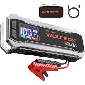WOLFBOX 3000A Jump Starter,12V Car Battery Jump Starter with LED Displays,65W Quick Charger,16000mAh Portable Jump Starter Battery Pack(8L Gas 6L Diesel Engine) with Booster,LED Light,Jumper Cables