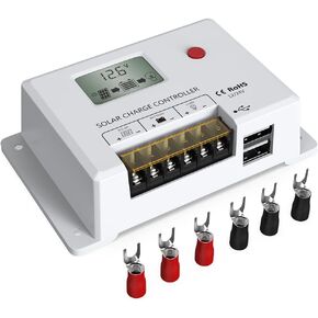 Solar Charge Controller 10A, Bateria Power 12V/24V PWM Solar Controller with LCD Display Dual USB Multiple Load Control Modes for AGM, Gel, Flooded and Lithium Battery, Used in RVs, Boats, Yachts
