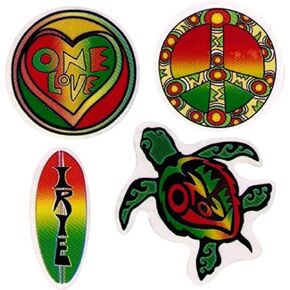 One Love Reggae Rasta Designs Heart Turtle Irie Surf Board Peace Translucent Two Sided Car Window Laptop Water Bottle Decals Four 2.5 Inch Stickers