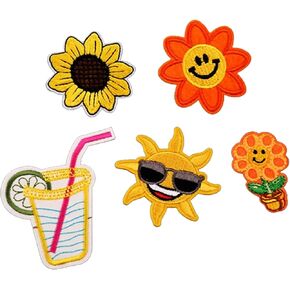 Iron-on Patches for Clothing: 5Pcs Smile Sun Flower Juice Sunflower Sew on/Iron on Embroidered Applique Repair Patch DIY Accessories for Clothes Jacket Jeans Dress Backpacks