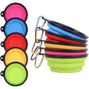 Collapsible Pet Bowls 5 Pack for Cats Dogs Outdoors Portable Feeding Watering Bowls for Traveling Hiking Walking Foldable Dishes with Carabiner (Red Pink Blue Green Yellow)