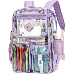 Clear School Backpack for Girls Boys Women Men, Heavy Duty PVC See Through Transparent Bookbag for Kids Adults College Work Travel Festival Stadium (Pink)