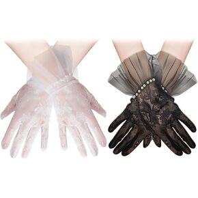 Short White Lace Gloves Tulle Border with Pearls Wedding Opera Tea Party Gloves for Women Black Mesh Gloves