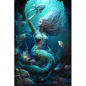 5D Diamond Painting Kits, Diamond Painting Deep Sea Art Mermaid Round Diamond Cross Stitch Crystal Gems Paste Adult Children Crafts, 16X20Inch for Home Decor Club Decor Or Birthday Gifts