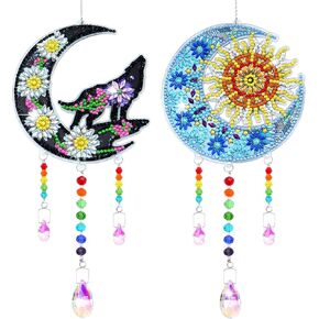 ZYNERY 2 PCS Diamond Painting Wind Chime, Diamond Painting Suncatcher Kit Diamond Art for Adults Kids, Diamond Painting Kits Hanging Pendant for Home Garden Outdoor Decor (Moon Wolf, Moon Sun)