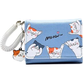 Small Womens Wallet, Cute Cat Tri-Folded Girls Wallet Slim Kawaii Wallet for Teens, Fashion Small Wrist Wallet with Cash Pocket Card Holder ID Window (Cat Blue)