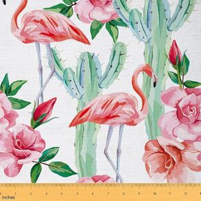 Pink Flamingo Fabric by The Yard Watercolor Cactus Outdoor Flowers Fabric for Teens Sewing Lovers Tropical Wild Animal Plants Decor Fabric for DIY Upholstery and Home Accents 1 Yard