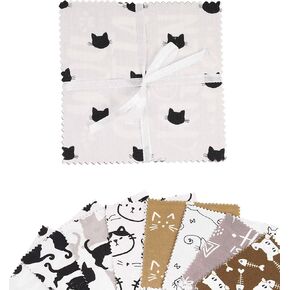 Soimoi Cat Print Precut 5-inch Cotton Fabric Quilting Squares Charm Pack DIY Patchwork Sewing Craft- Brown, Grey, Black & White