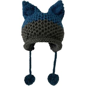 Fox Ears Beanie Winter Warm Handmade Knitting Hats Pompom Caps Patchwork Crochet Headpiece