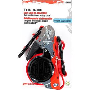 ERICKSON 01435 1 inch x 16 feet Ratchet Tie Down, Self-Locking, Retractable, Red Polyester Webbing