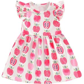 Kids Toddler Girls Back to School Dress Apple Pencil Flutter Sleeve Milk Silk Ruffle Dress Summer Clothes