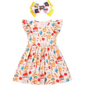 Toddler Girls Back to School Dress - Apple, Pencil, Crayon, Schoolbag, Letter Print Ruffle Dresses