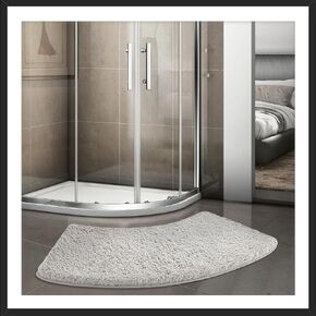 Shower Rug, Non Slip Grey Curved Bath Mat, Soft Absorbent Microfiber Bathroom Corner Rug for Showers Floor Tub, Machine Washable, 43.3"x17.7"x1.4"