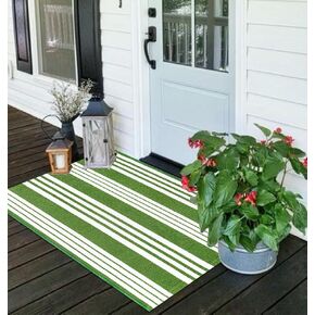 Black and Beige Layered Doormat 24"x35" Washable Striped Front Porch Rug Farmhouse Outdoor Rug Cotton Woven Throw Carpet for Entryway/Home Entrance