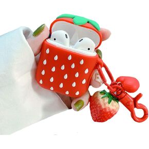 Compatible with Earbuds Case Airpods 1 & 2, Girls Cute Strawberry Design Soft Silicone Waterproof Shockproof Earphone Protective Cover Red