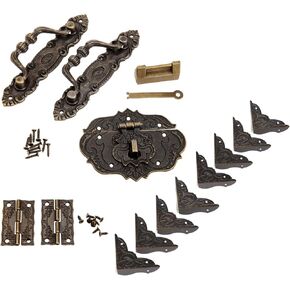dophee Retro Decorative Lock, Latch Hasps, Pulls Handles, Hinges and Corner Brackets Hardware Kit for Jewelry Box Cabinet Wooden Box Handcrafts Project