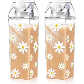 Whaline 2 Pack Daisy Flower Milk Carton Water Bottle 17oz Clear Plastic Milk Bottles Leakproof Square Juice Bottle Flower Printed Drinking Containers for Outdoor Activities Sports Travel Camping