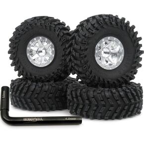 HOBBYSOUL 64mm Tall 1.0 wheels tires set Black Silver Rims, Soft Sticky 1.0 Tires Mounted Metal 1.0 Beadlock Wheels Adjustable Negative Offset For RC Mud Crawler 1/24 SCX24 1/18 TRX4M