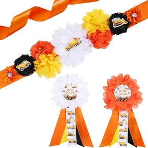Construction Baby Shower Maternity Sash Kit - Orange Construction Baby Shower Belly Belt and Mom to Be & Dad to Be Corsage Pins, New Parents Pregnancy Photo Props Party Supplies