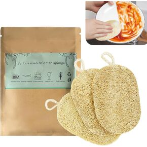 Natural Loofah Dish Sponge, Natural Kitchen Biodegradable Compostable Cellulose Loofah Scrub Sponge, Dual Sided Reusable Non Scratch Cleaning Sponge for Cleaning Kitchen, Bathroom, Household, 3 Pcs