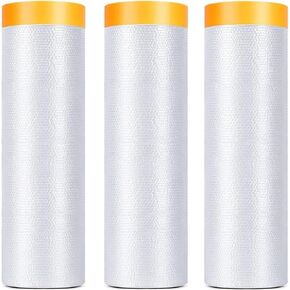 KUANVE 3 Pack Tape and Drape, 5x65.6 Ft Pre-Taped Masking Film for Auto Painting Covering, Plastic Pre-Adhesived Dust Paint Protective Drop Film for Furniture, Car, Floor
