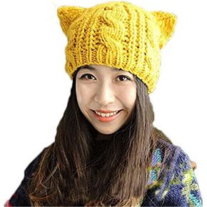 Handmade Knitted Pussy Cat Ear Beanie Hat for Women's March Winter Warm Cap