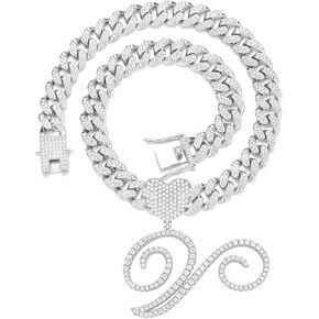 Silver Cuban Link Chain for Women men Initial Necklaces Iced Out Chain with Heart Letter Pendants Custom Chain Bling Name Necklace personalized Women Hip Hop Jewelry Gift