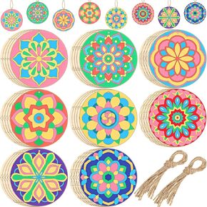 Blosssound 40 Pcs Unfinished Wood Mandala to Paint Wooden Mandala Painting Crafts Art Slices for Adult to Relax Painting DIY Crafts Ornament Wedding Home Decorations, 4 Inch(Fresh)