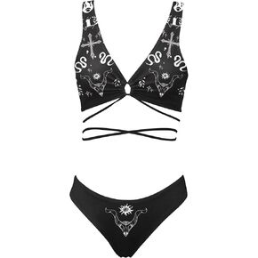 Thriller Kitten Skull Cat Print Swimsuit Heart Shaped Design Pink Skleteon Cat Two Piece Swimsuit