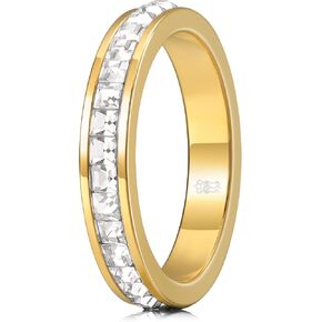 THREE KEYS JEWELRY 7mm Gold Baguette Zircon Stainless Steel High Polished Wedding Band Engagement Ring for Men Women Comfort Fit