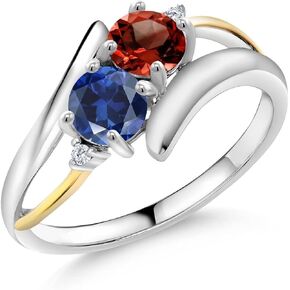 Gem Stone King 925 Silver and 10K Yellow Gold Red Garnet Blue Created Sapphire and White Lab Grown Diamond 2 Stone Crossover Ring For Women (1.17 Cttw, Available In Size 5, 6, 7, 8, 9)