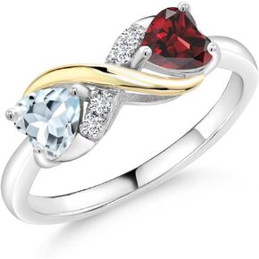 Gem Stone King 925 Sterling Silver and 10K Yellow Gold Sky Blue Aquamarine Red Garnet and Lab Grown Diamond Women Ring (1.06 Cttw, Gemstone Birthstone, Available In Size 5, 6, 7, 8, 9)