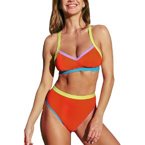 CUPSHE Women's Bikini Sets Two Piece Swimwear High Waisted V Neck Adjustable Crisscross Straps Back Hook Color Block