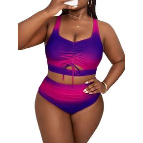 OYOANGLE Women's Plus Size 2 Piece Bikini Set Ombre Drawstring Cut Out Criss Cross Wireless High Waist Beachwear