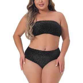 Agnes Orinda Plus Size 2 Piece Bandeau Bikini for Women Velvet Leopard Swimsuit High Waisted Bathing Suits